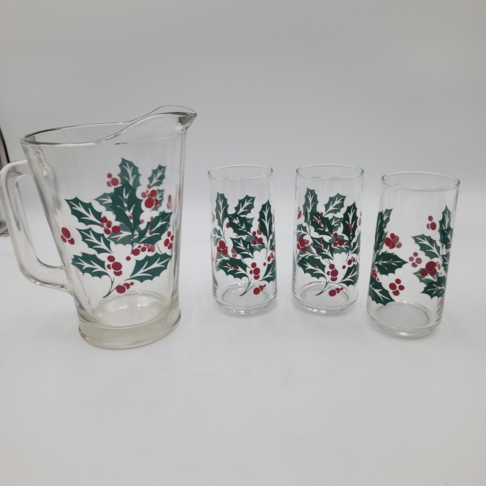 Vintage Libbey Christmas Holly Berry Glass Pitcher and 3 Tumbler Set Red Green